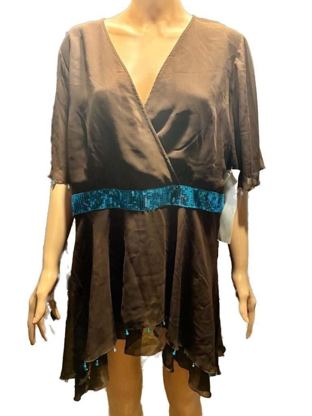 Ashro Women's Brown Chiffon Tunic with Turquoise Sequin Waist and Beaded Hem